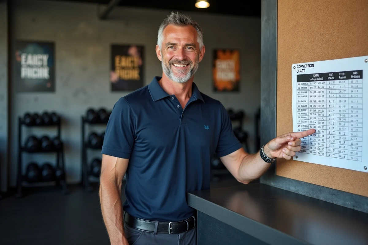 Coach sportif masculin désignant un tableau de conversion livres-kilogrammes affiché dans une salle de sport professionnelle