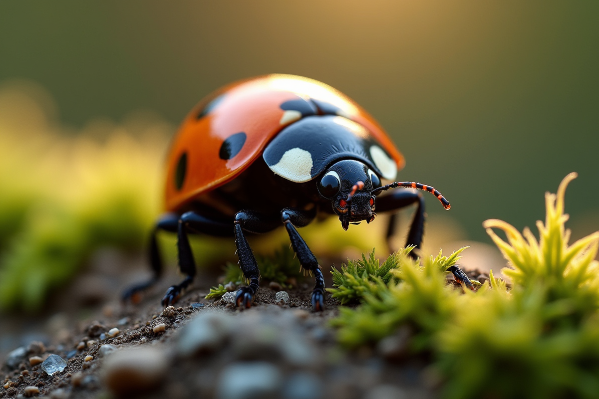 Coccinelle sur un rocher mousseux au matin en gros plan