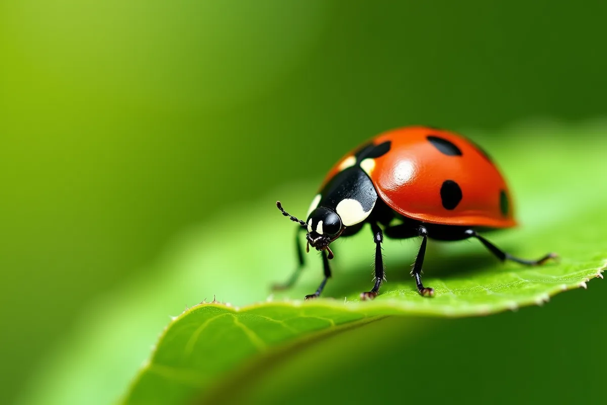 Coccinelle venimeuse sur une feuille verte en lumière naturelle