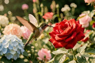 Colibri à gorge rubis planant près d'une rose rouge en fleur dans un jardin romantique, symbolisant l'amour et la délicatesse des relations