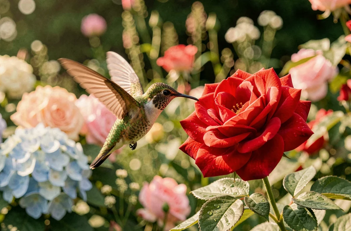 Colibri à gorge rubis planant près d'une rose rouge en fleur dans un jardin romantique, symbolisant l'amour et la délicatesse des relations