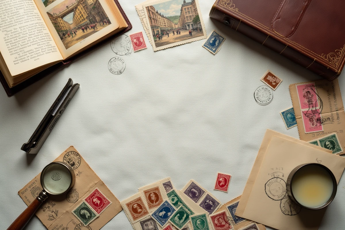 Composition à plat de timbres postaux anciens, cartes postales vintages et outils de philatélie sur fond de lin crème vieilli