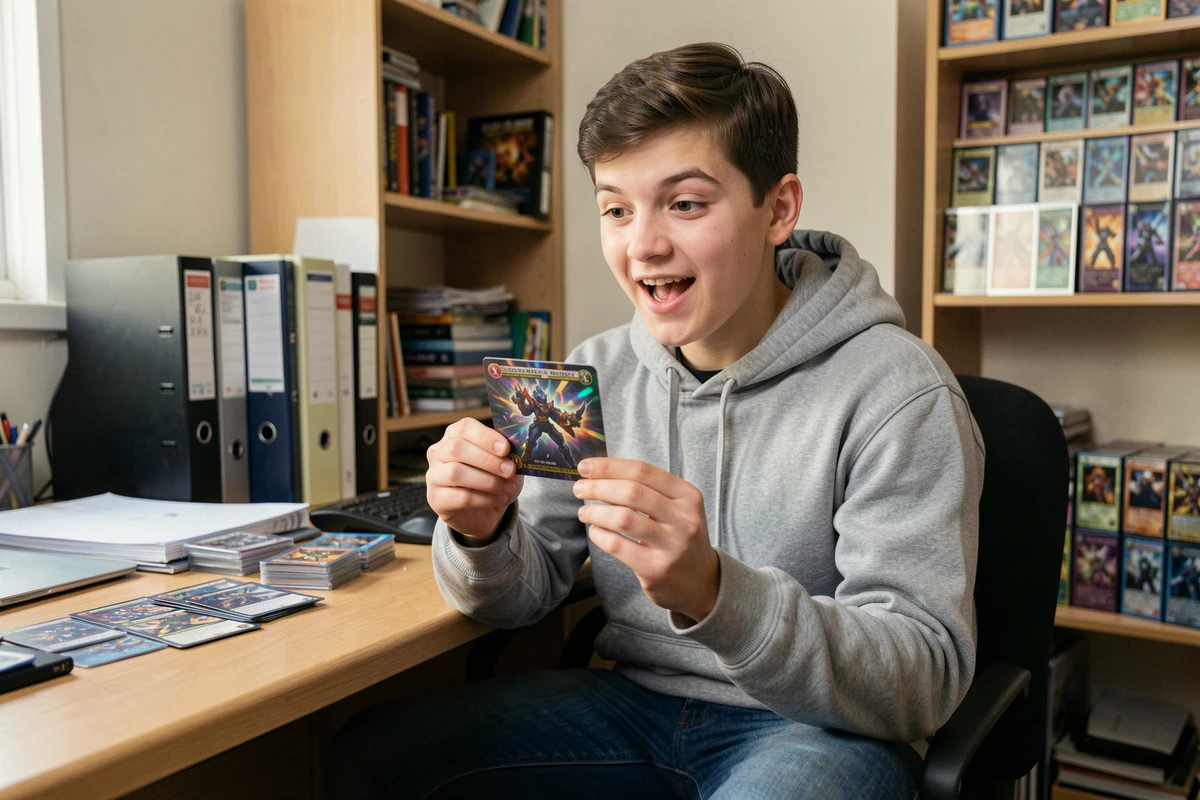 Jeune collectionneur tenant une carte ultra rare Méga Évolution flamme fantasmagorique entre ses mains avec attention