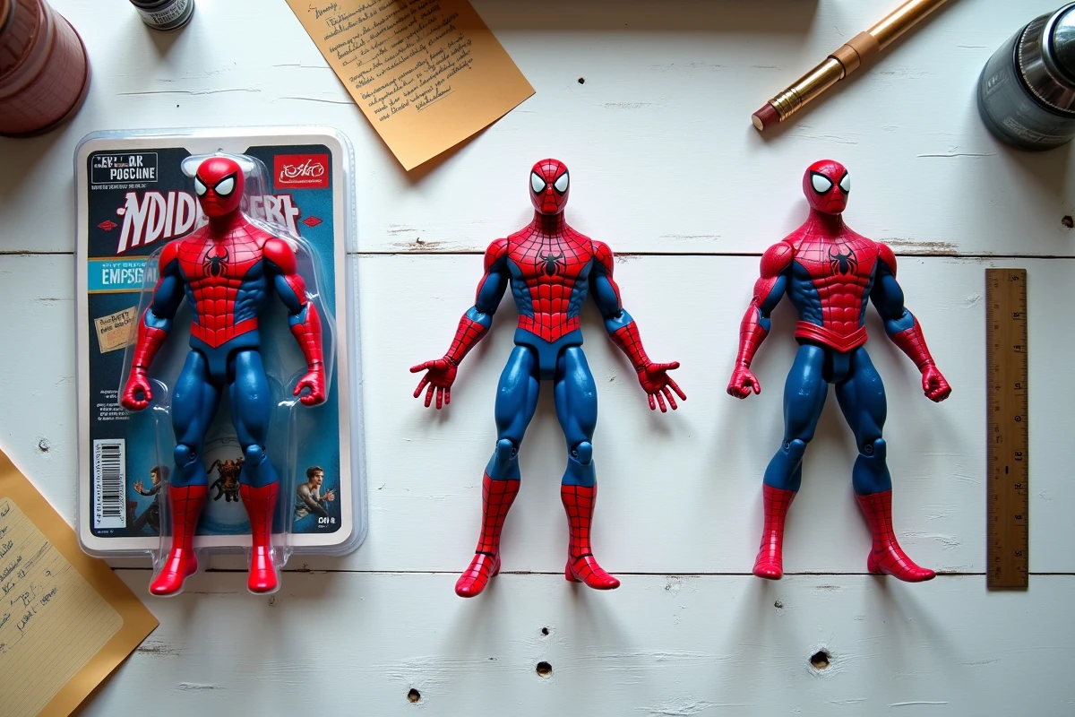 Comparaison de trois figurines Spider-Man de différentes qualités avec notes de collectionneur et checklist d'authenticité sur fond bois blanc