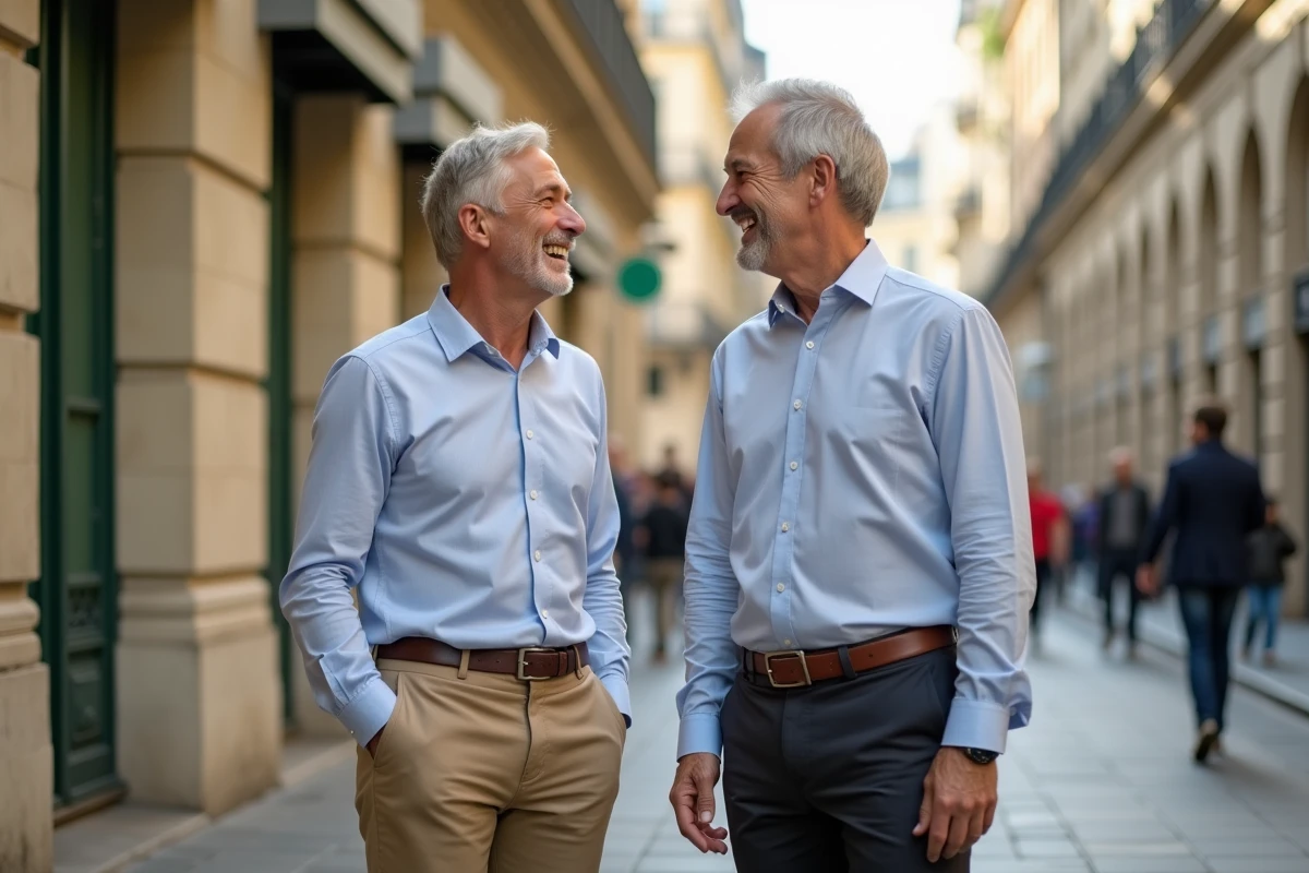 Deux hommes de tailles différentes côte à côte sur un boulevard parisien, illustrant la comparaison de taille d'une célébrité française comme Vincent Lagaf