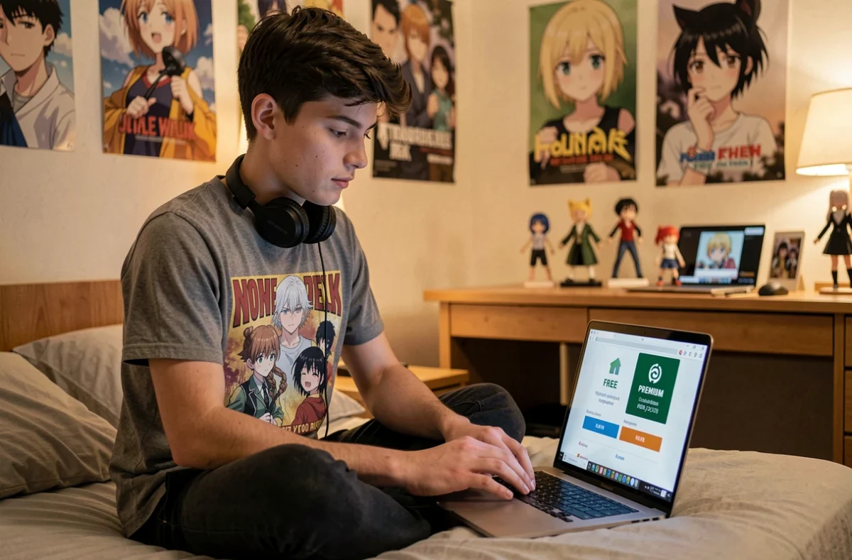 Jeune adulte hésitant entre compte gratuit et compte premium sur un site de lecture de scans manga