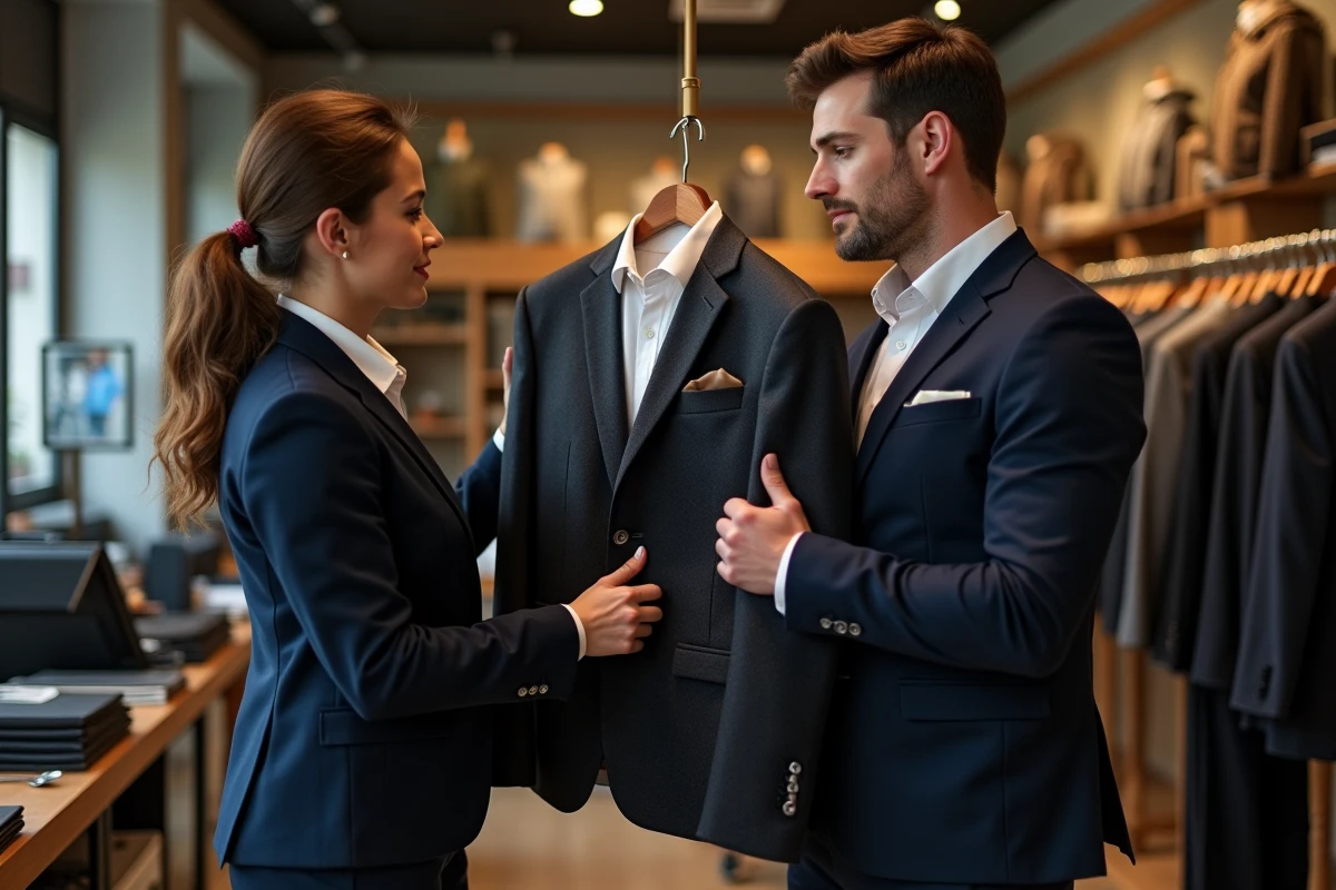 Conseillère de vente présentant deux vestes de costume à un client dans un magasin de costumes traditionnel
