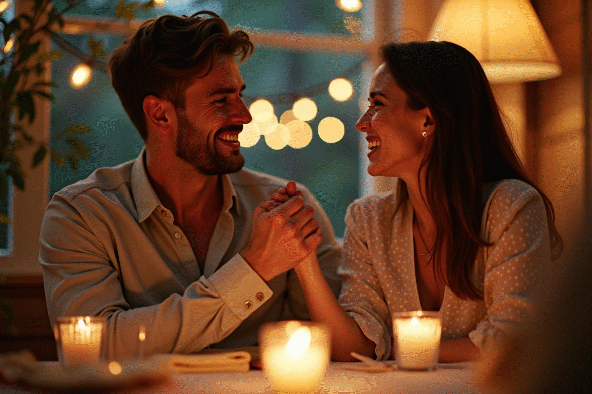 Couple souriant lors d'un dîner romantique en soirée