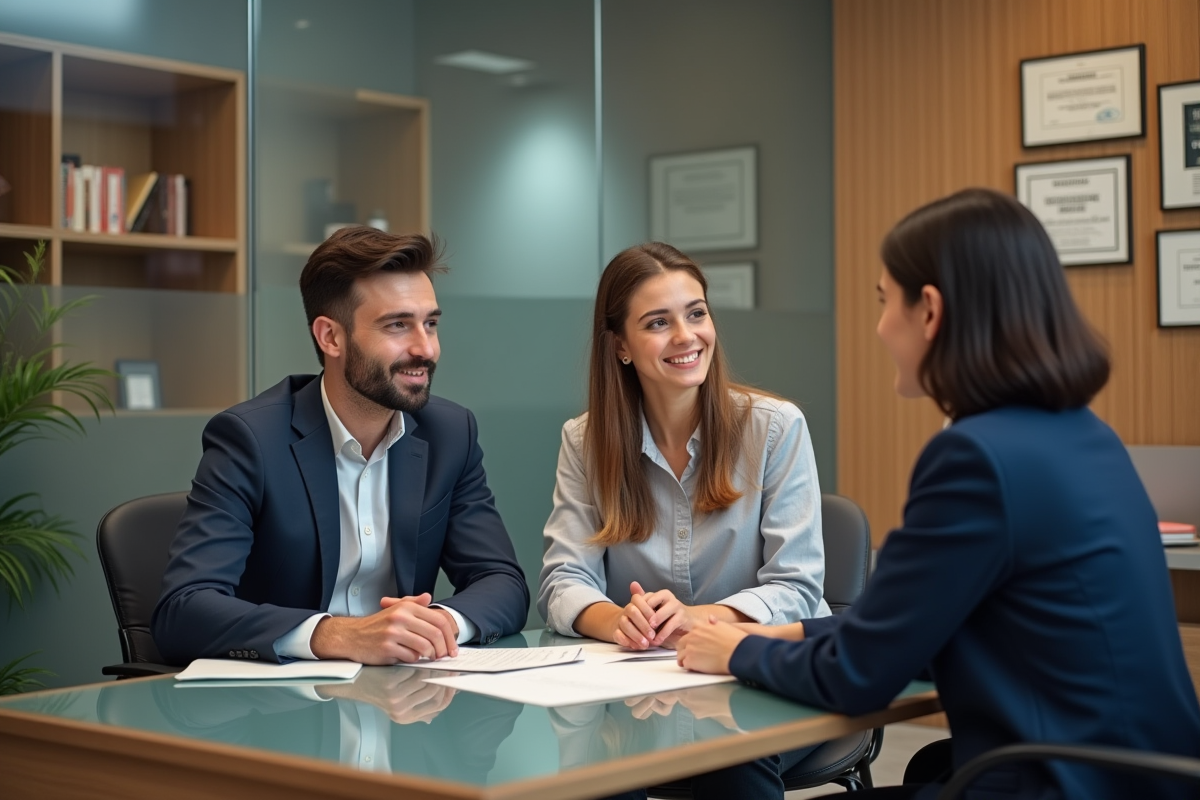 Jeune couple discutant avec un conseiller en prêt immobilier