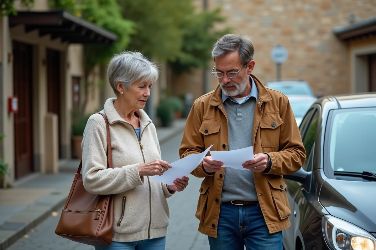 Couple de milieu d'âge vérifiant reçus et liste de courses devant leur voiture