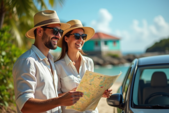 Jeune couple planifiant leur voyage à Martinique avec carte et voiture