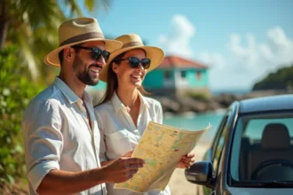 Jeune couple planifiant leur voyage à Martinique avec carte et voiture