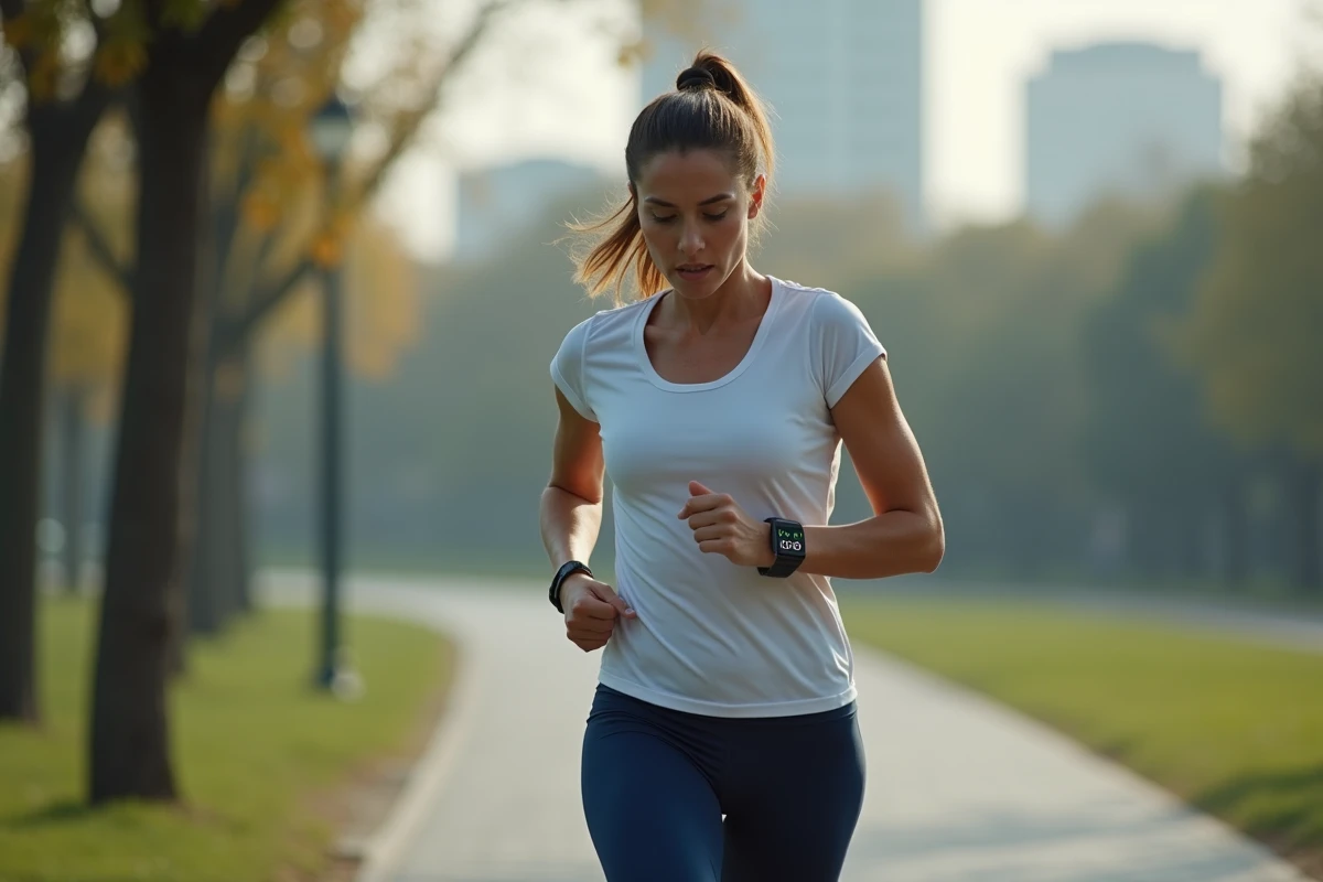 Coureuse en ville consultant sa montre GPS affichant une distance en miles et kilomètres