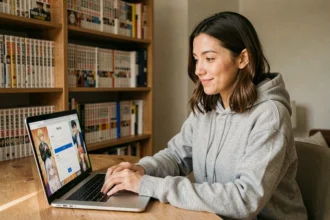 Jeune femme créant un compte sur un site de lecture de manga en ligne depuis son bureau à domicile