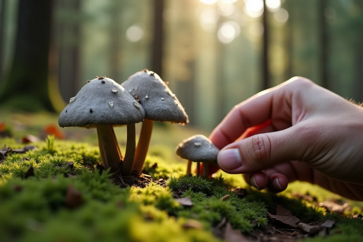 Main cueillant des chanterelles grises dans la forêt