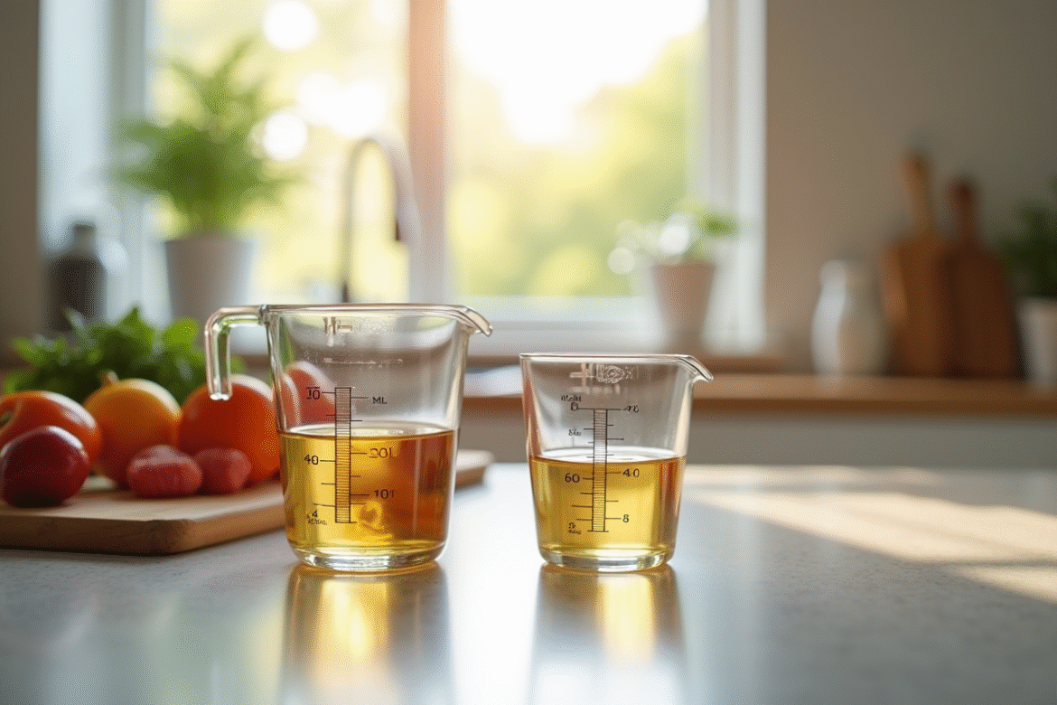Plan d'une cuisine moderne avec deux tasses à mesurer et ingrédients frais
