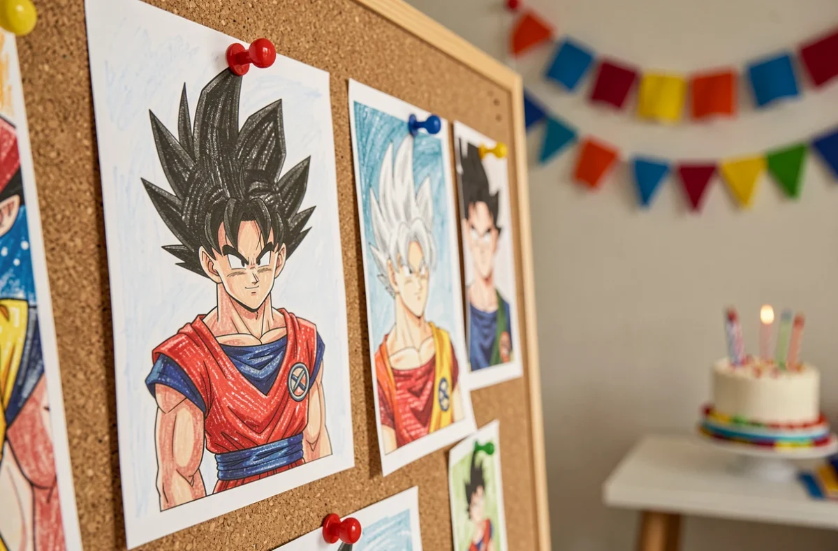 Dessins à colorier Dragon Ball Z complétés affichés sur un tableau en liège comme décoration de fête d'anniversaire avec guirlandes colorées en arrière-plan