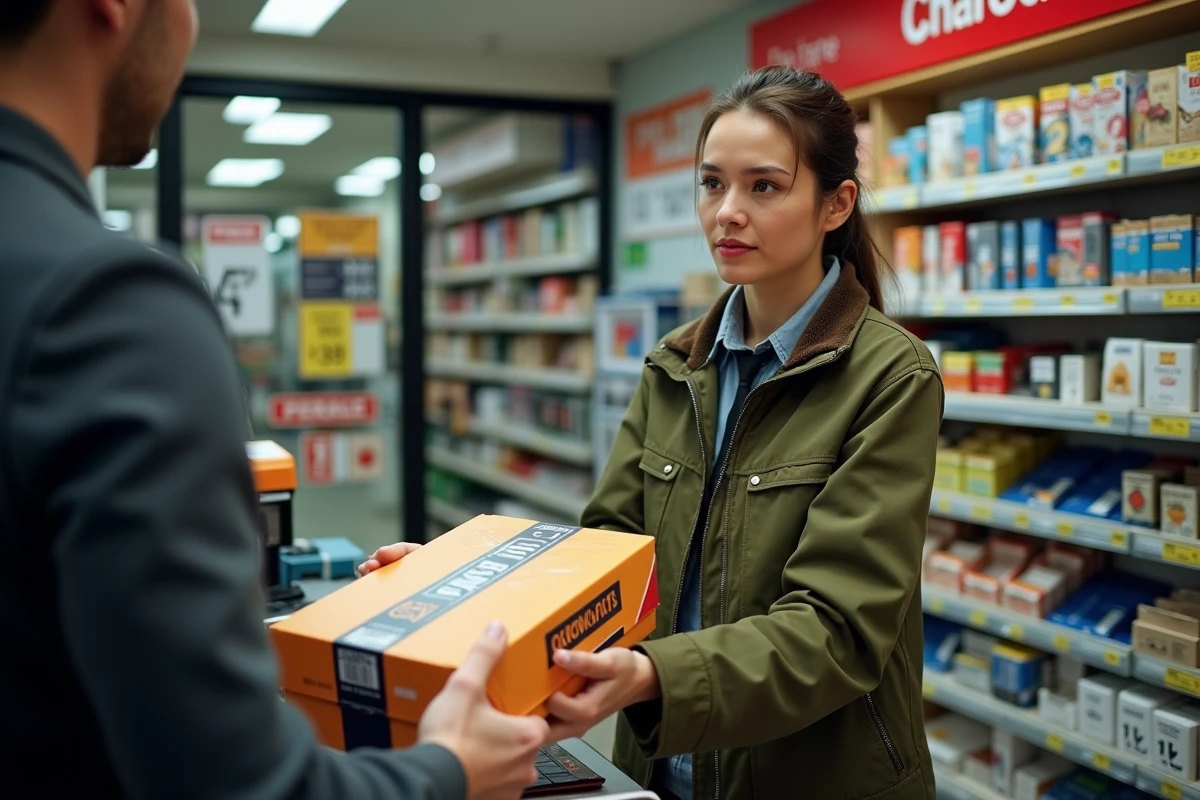 Femme déposant un colis Chronopost dans un bureau de tabac partenaire