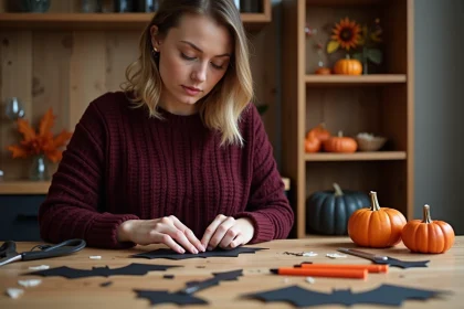 Femme créant des découpes de chauves-souris en papier noir pour une décoration Halloween faite main sur une table en bois