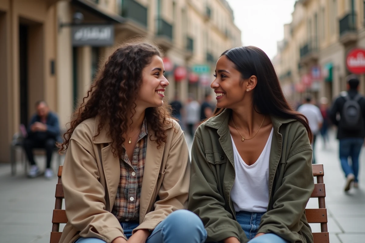Deux femmes discutant sur un banc en ville avec architecture urbaine