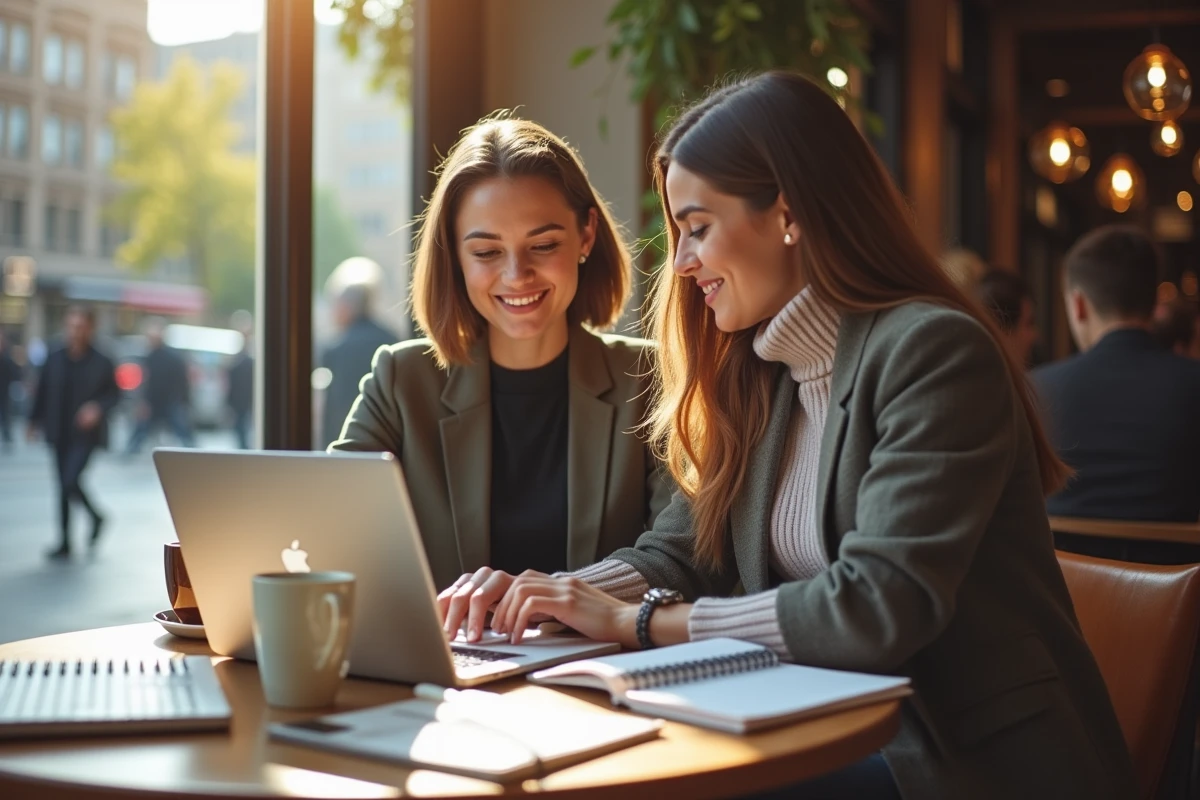 Deux femmes souriantes discutant devant un ordinateur au café