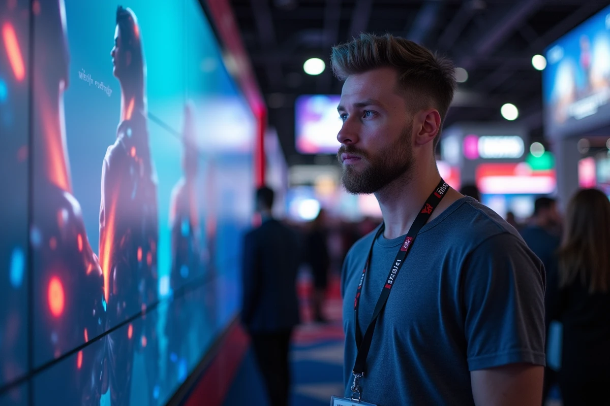 Développeur de jeux vidéo discutant devant un écran numérique lors du Summer Game Fest 2026 dans un salon de gaming professionnel