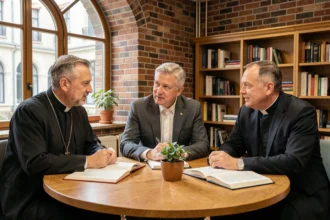 Trois hommes représentant les traditions orthodoxe, protestante et catholique réunis autour d'une table de dialogue interreligieux dans un cadre studieux et moderne en 2026
