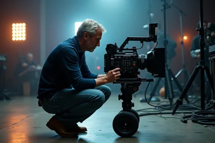 Directeur de la photographie sur un plateau de tournage cinématographique ajustant les paramètres d'une caméra de cinéma professionnelle
