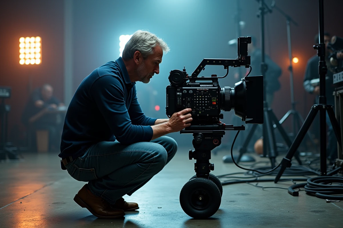 Directeur de la photographie sur un plateau de tournage cinématographique ajustant les paramètres d'une caméra de cinéma professionnelle