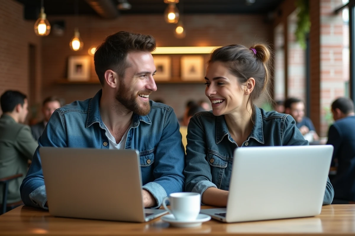 Deux personnes discutant de la fiabilité d'une plateforme d'échange de contenus amateurs dans un café