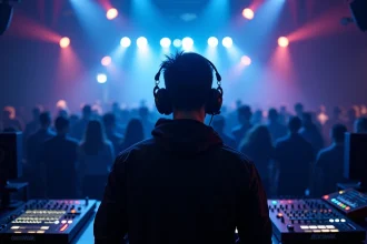 DJ professionnel derrière une console numérique dans un club techno parisien, entouré de synthétiseurs et d'écrans LED