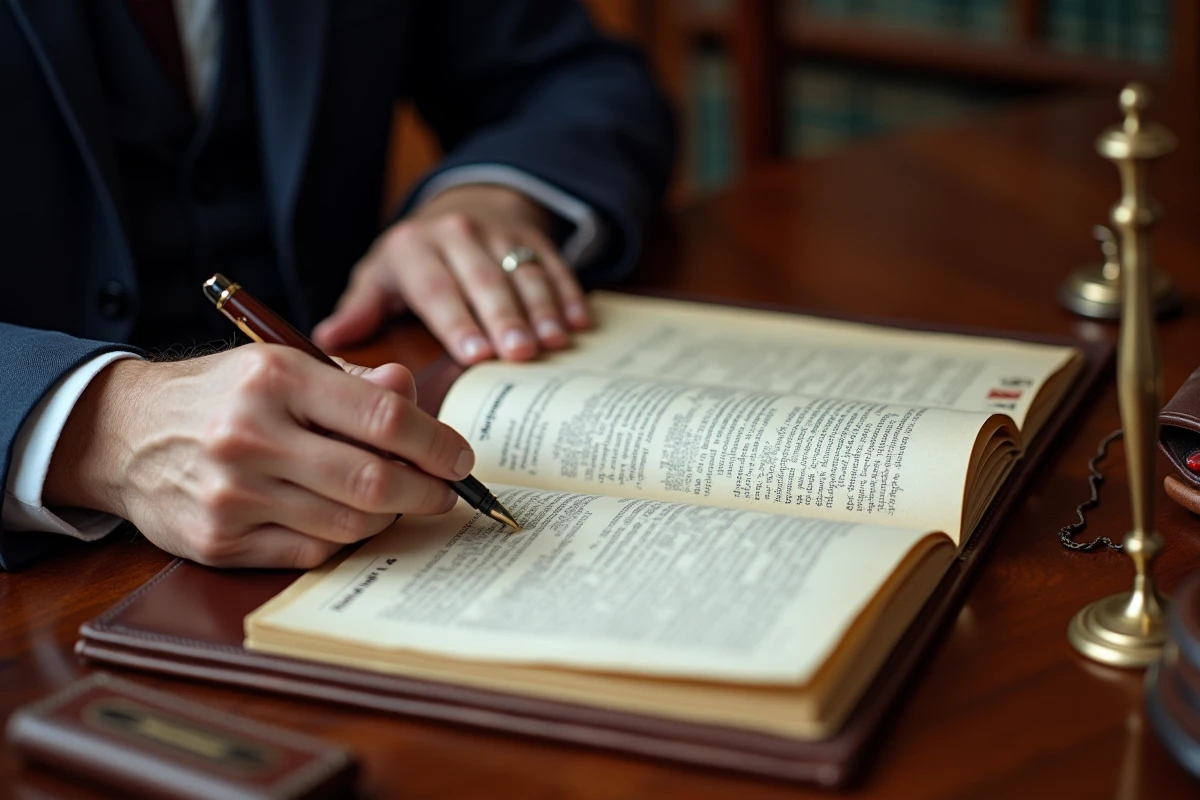 Gros plan sur les mains d'un notaire tenant un dossier juridique avec des documents officiels et un stylo plume sur un bureau en bois