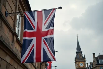 Drapeau du Royaume-Uni Union Jack suspendu sur un mur en pierre d'un bâtiment historique britannique