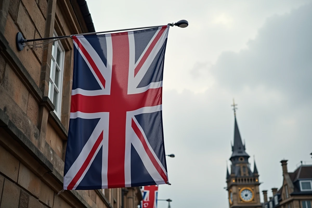 Drapeau du Royaume-Uni Union Jack suspendu sur un mur en pierre d'un bâtiment historique britannique