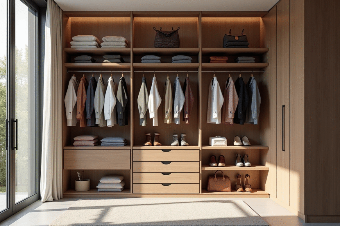 Dressing moderne organisé avec vêtements et accessoires