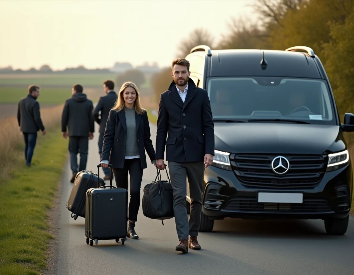 Chauffeur VTC polyvalent aidant une famille avec ses bagages près d'un minivan noir sur une route rurale en Vendée