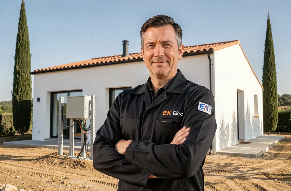 Électricien EK Elec debout devant une villa moderne après une installation électrique extérieure en Occitanie