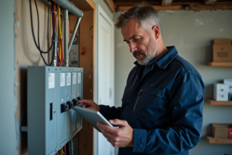 Électricien vérifiant un tableau électrique moderne avec tablette