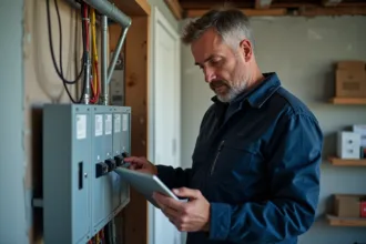 Électricien vérifiant un tableau électrique moderne avec tablette