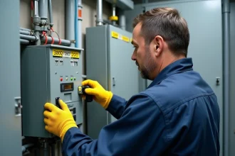 Électricien professionnel connectant un transformateur triphasé 380V en monophasé 220V dans un local électrique industriel