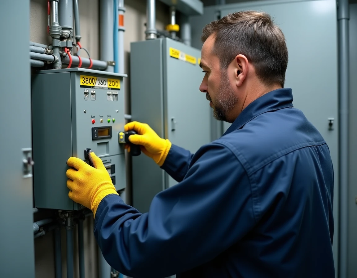 Électricien professionnel connectant un transformateur triphasé 380V en monophasé 220V dans un local électrique industriel