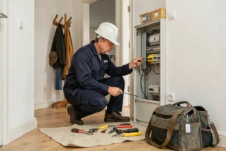 Électricien professionnel inspectant un tableau électrique dans une maison du Calvados