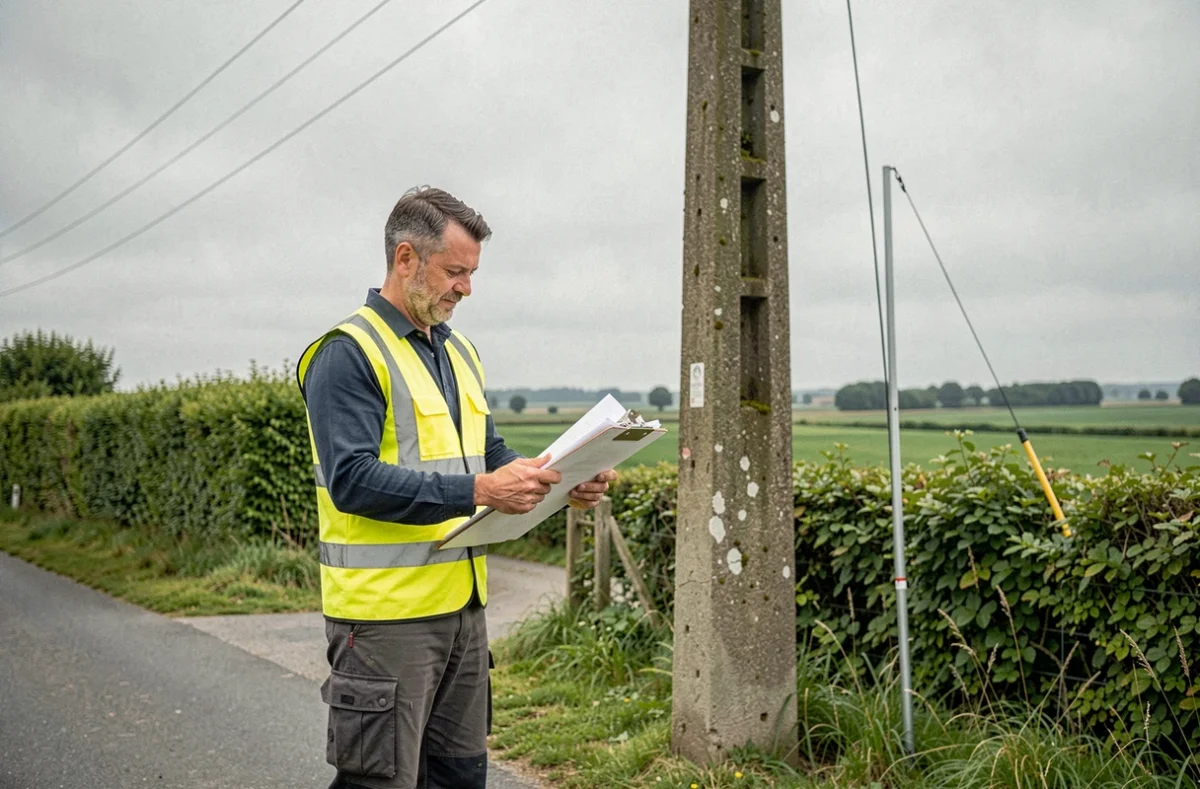 Électricien d'Electricité du Calvados inspectant un poteau électrique en zone rurale normande