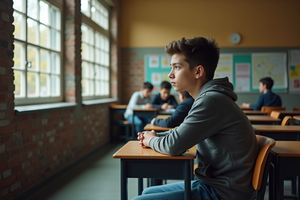 Jeune élève pensif assis près de la fenêtre