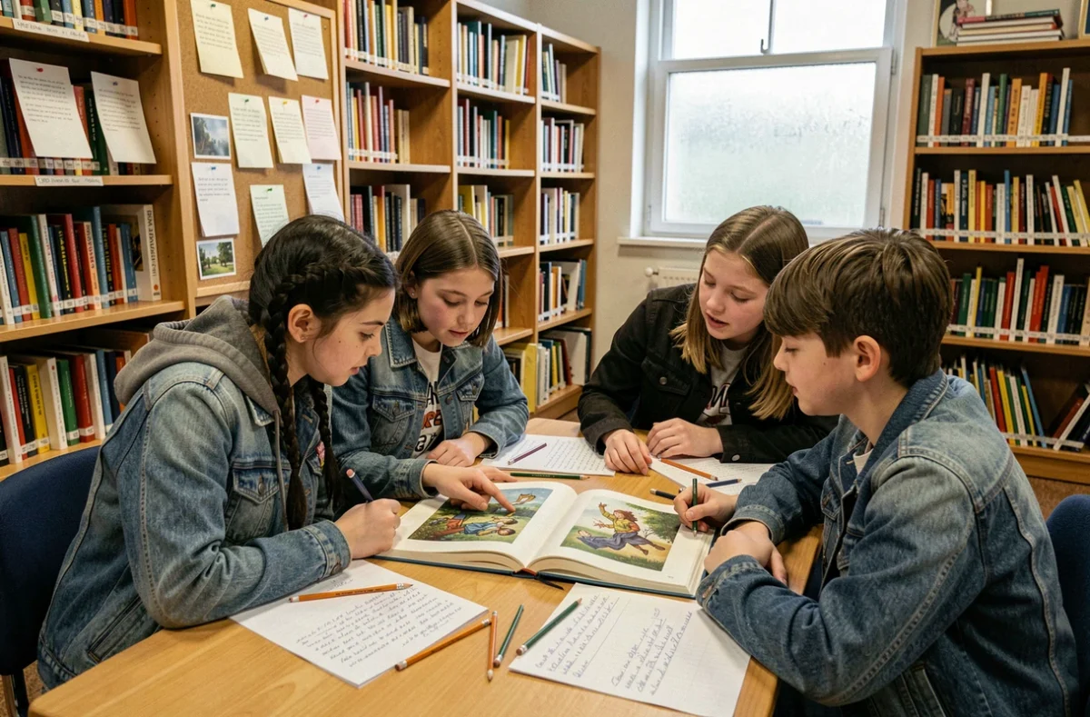 Élèves de collège analysant collectivement le conte Cendrillon de Perrault dans une bibliothèque scolaire