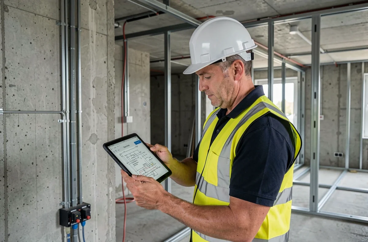 Électricien ELY31 consultant des schémas électriques sur tablette dans un bâtiment en construction en Haute-Garonne