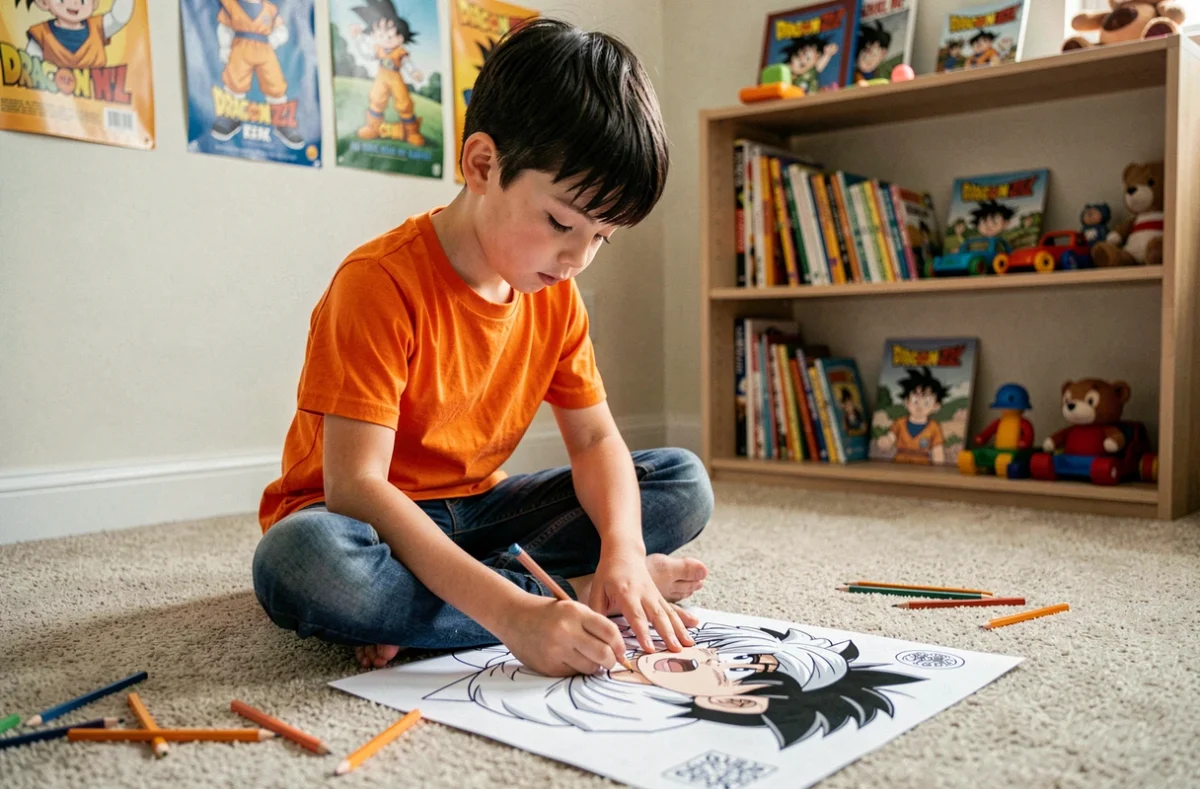 Enfant coloriant un dessin Dragon Ball Z assis sur le sol de sa chambre entouré de crayons de couleur lors d'une fête d'anniversaire