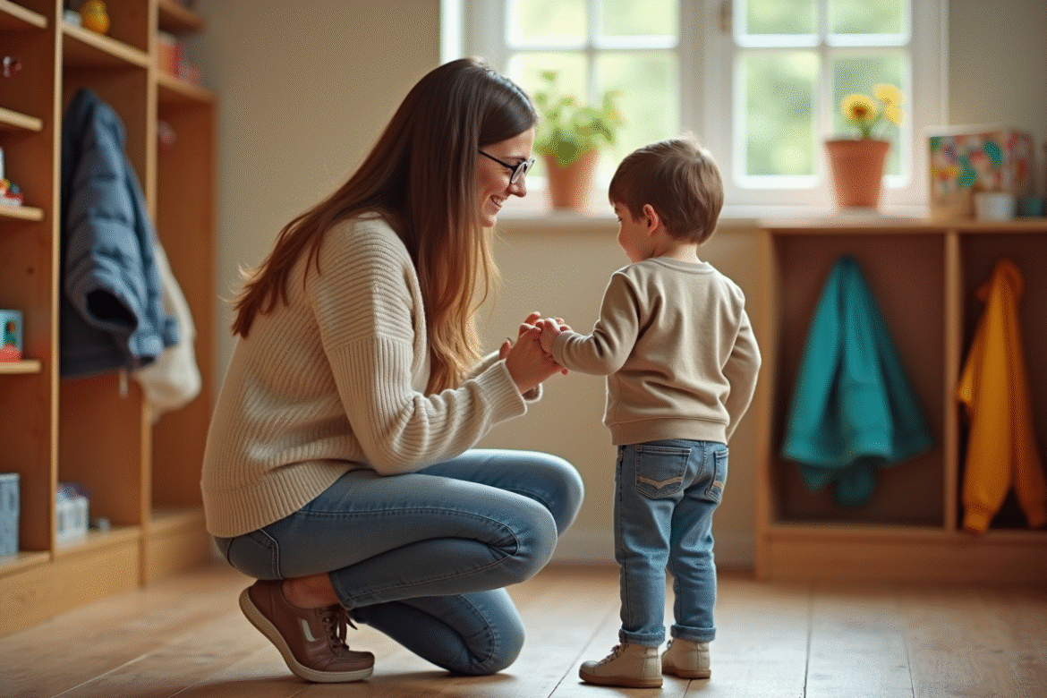 Garçon de 4 ans tenant la main de sa mère à l'entrée de la crèche