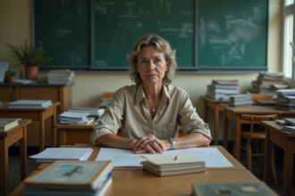 Professeure assise seule à son bureau en classe