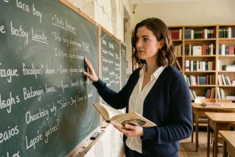 Enseignante de français présentant une séquence pédagogique sur Cendrillon de Perrault au tableau de classe